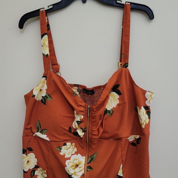 NEW GLORY Orange Floral Print Center Zip Tank Top, Large - Picture 3 of 13